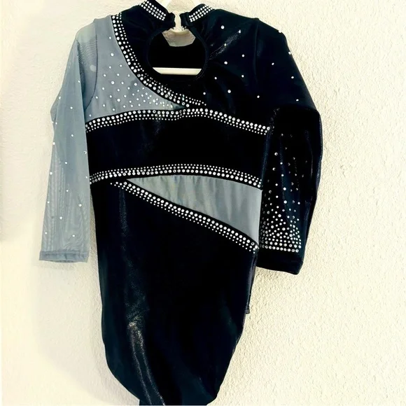 Rhinestone Embellished Long Mesh Sleeve Competition Leotard NWT Child Large​​ - Picture 2 of 5